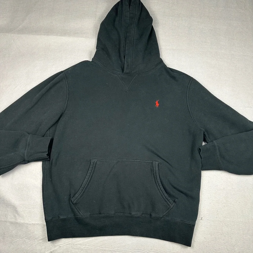 Polo Ralph Lauren Mens RL Fleece Hoodie Black Red Pony Logo Large